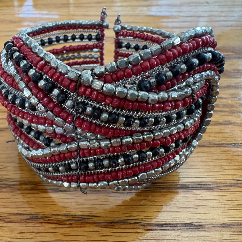 Multi-Strand Beaded Cuff Bracelet – Red, Black & Silver